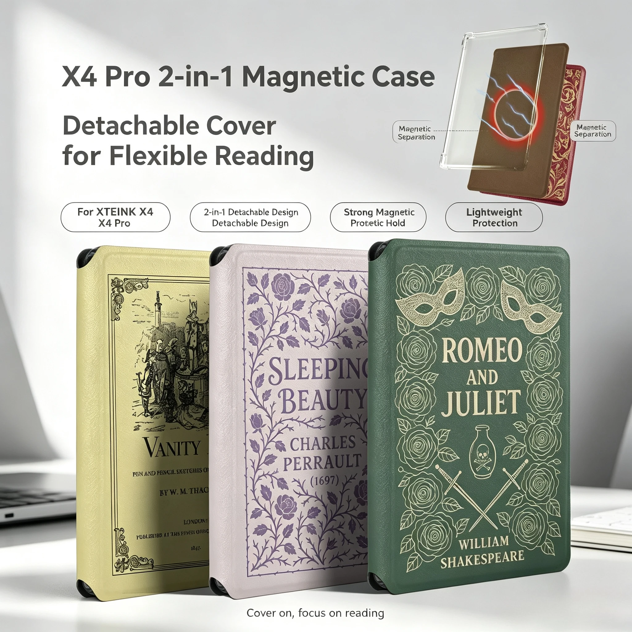 For XTEINK X4Pro 4.3Inch E-Ink Reader Vintage Magnetic Detachable Protective Case Detachable Case Clear TPU Inner Shell Magnetic