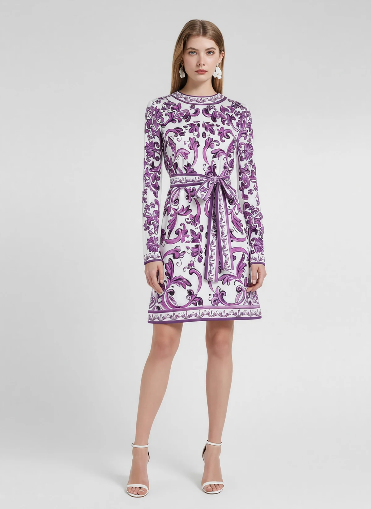 Vestido de manga corta estampado Wein con cintura alta, cuello redondo ajustado, pajarita y falda con pajarita, falda morada, noche de dama de flores