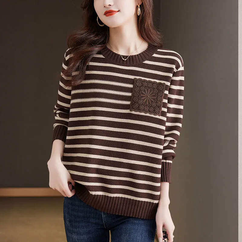 

Vintage Loose Striped Knitted Jumpers Autumn Winter Contrasting Colors Women's Clothing Long Sleeve Stylish Patchwork Sweaters