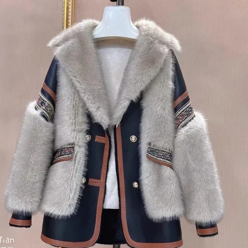 2025 New Heavy Embroidery Toka Fur Coat with Leather Women's Warm Coat Loose Fashion Runway High Quality Keep Warm Jacket Women