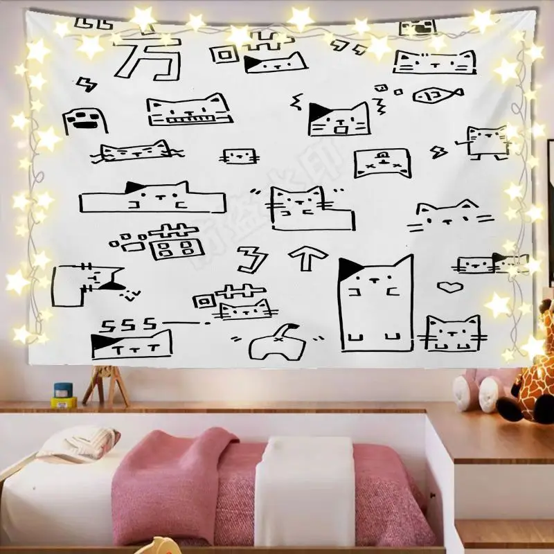VIKAMA Cat Faces Sketch Doodle Art Horizontal Tapestry Wall Hanging for Home Aesthetic Cozy Chic Elegant Modern Home Decor