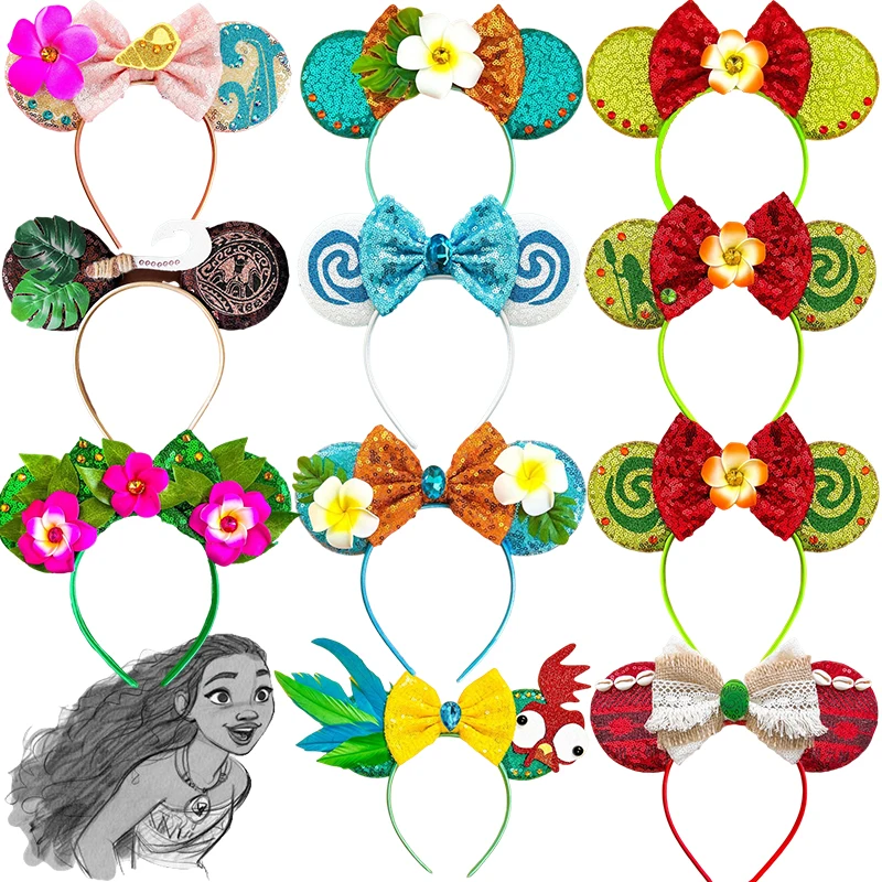 Disney Moana Headbands Women Chick Hei Hei Hair Bands For Kids Flower Sequins Bow Hair Accessories Girls Spiral Conch Headwear