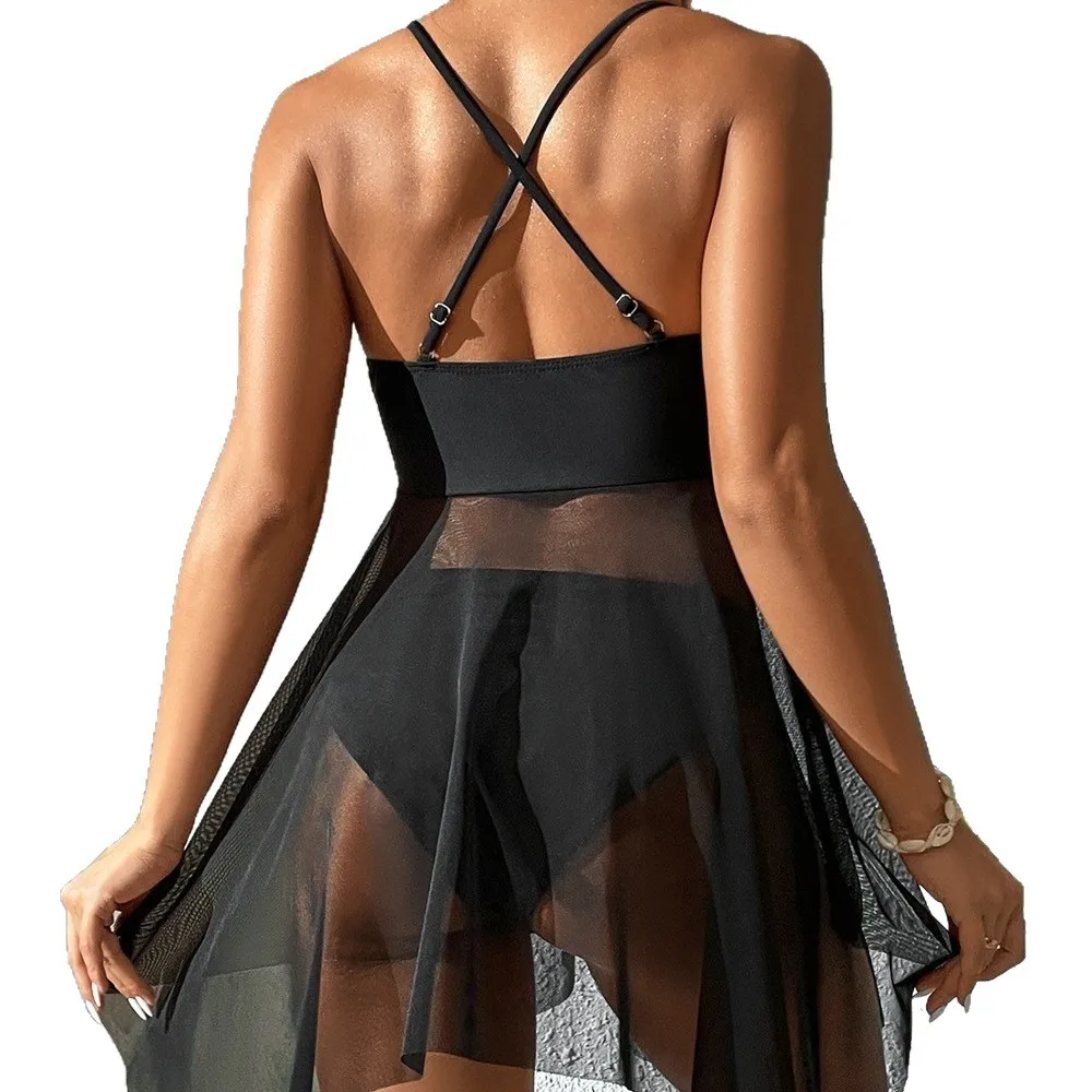 Women 3 Piece Mesh Swim Dress Bikini Set Halter Twist Front Irregular Cover Up Dress Two Piece Bathing Suit Tropical Travel