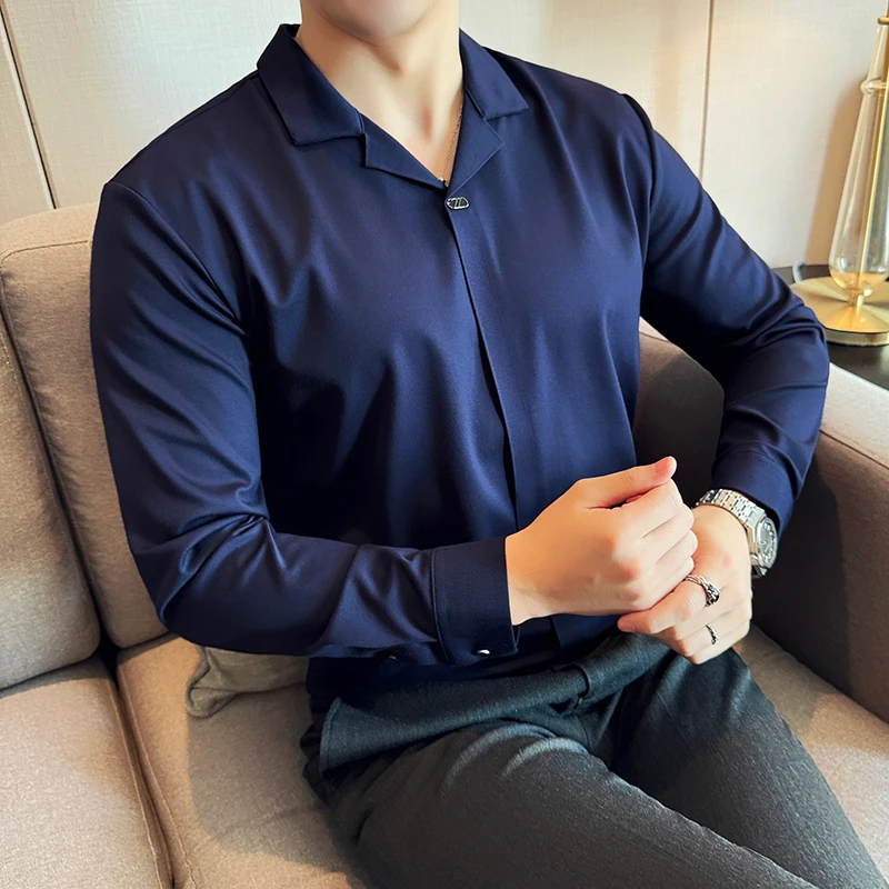 High Elasticity Men Polo Shirt 2024 New British Style Thin Lapel Collar Solid Casual Slim Fit Long Sleeves T-shirt Men Clothing