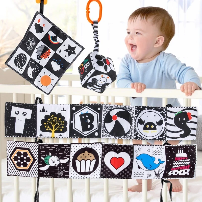 Livro de pano sensorial para bebê recém-nascido, brinquedos montessorianos, alto contraste, preto e branco, desenvolvimento de berço, 0-6 meses