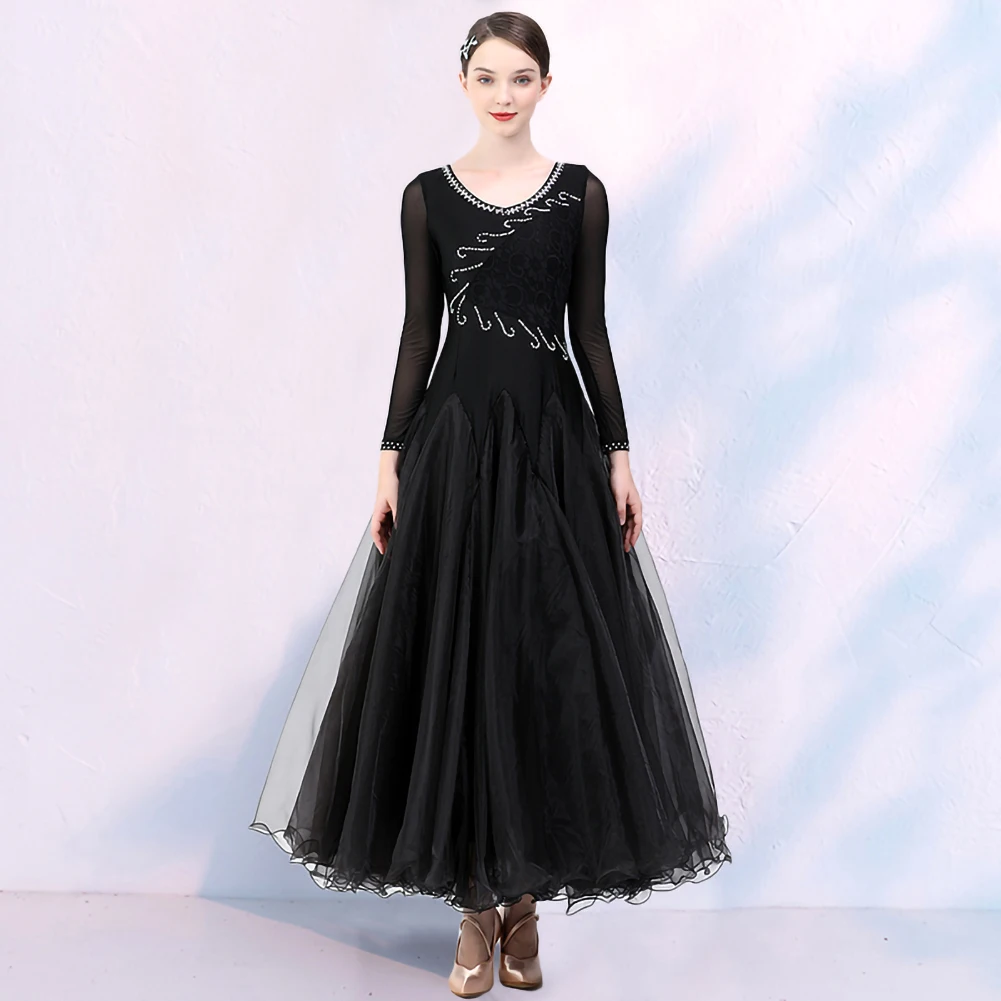 

Stage Costume Ballroom Dance Rhinestone Red Practice Dance Dress Lace Waltz dress Crewneck Large Dress Short Sleeve