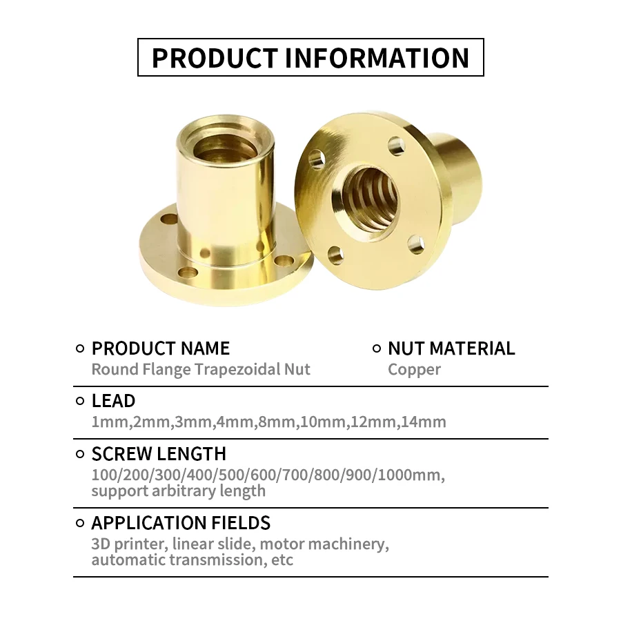 Round Flange Nut Use For T Type Trapezoidal Screw T10 T12 T14 T16 T20 T25 T28 T30 T32 T36 T40 All-Copper Anti-Tooth