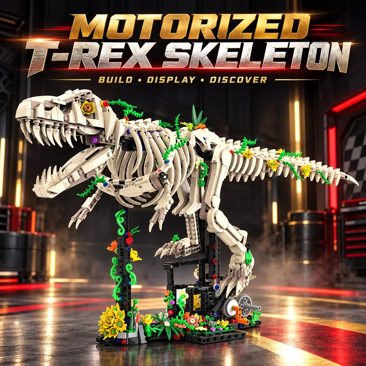 T-Rex Dinosaur Fossil Skeleton Electric Building Blocks, STEM DIY Assembly Brick Toy, Collectible Gift for Boys Adults