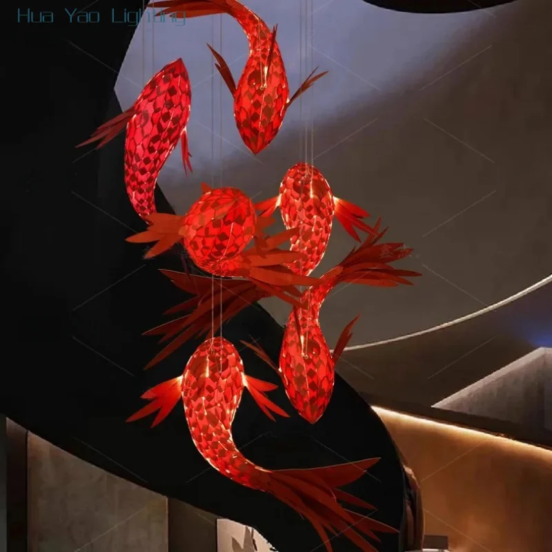 Red Wooden Fish Shaped Pendant Lights Modern Home LED Living Room Ceiling Decorative Lighting Fixtures Dining Room Hanging Lamps