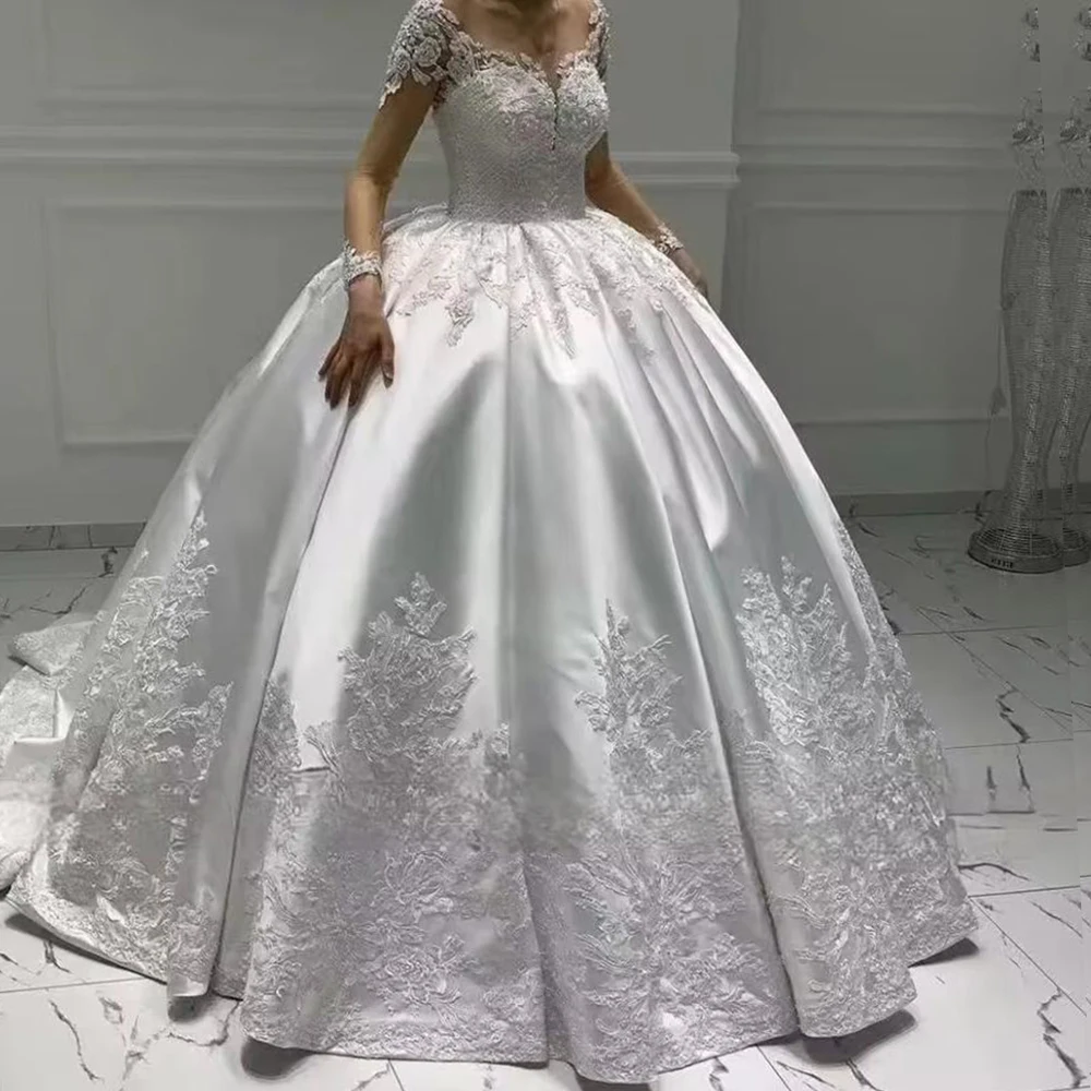 

Роскошные атласные свадебные платья с кружевной аппликацией для невесты, фатиновое свадебное платье телесного цвета с длинными рукавами, женские вечерние наряды по индивидуальному заказу