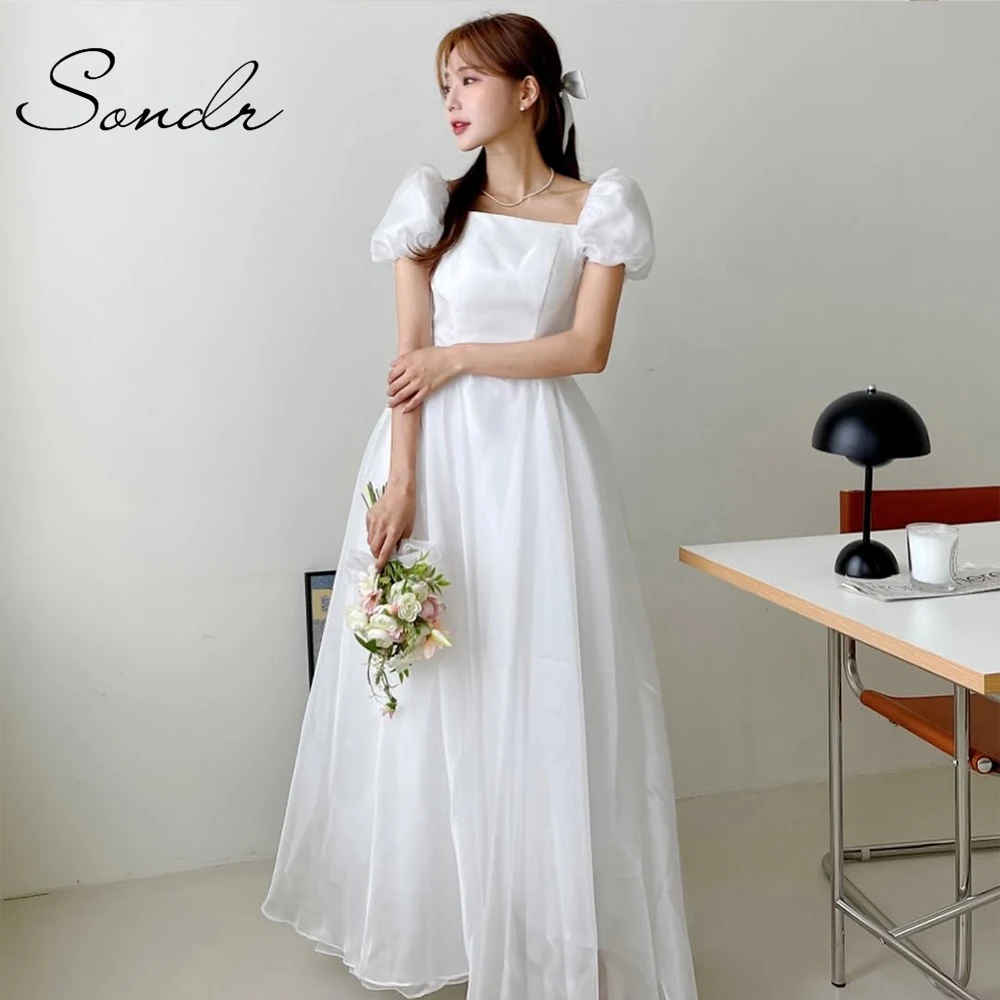 

Sondr Korean Wedding Dresses Square Collar Puff Sleeves Customized A Line Party Dress Silk Organza Bridal Reception Dresses