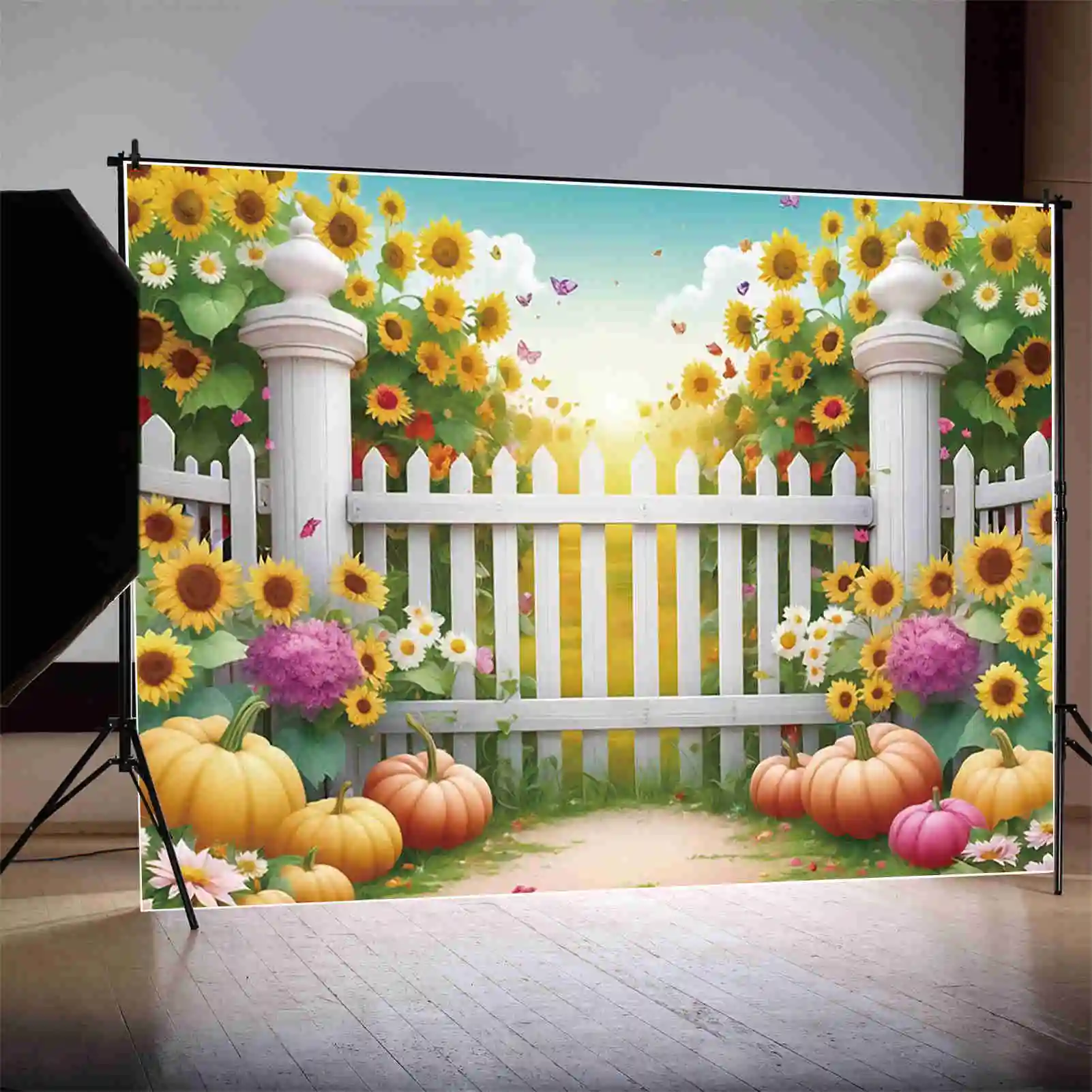 MOON.QG Autumn Sunflower Field Photo Studio Background Thanksgiving Pumpkin White Fence Photograph Backdrop Home Party Back Drop