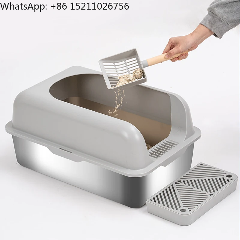 Large Capacity Easy Cat Litter Box Stainless Steel Tray Semi-Closed With High Side Cat Litter Tray Sandbox With Scoop Pet Toilet