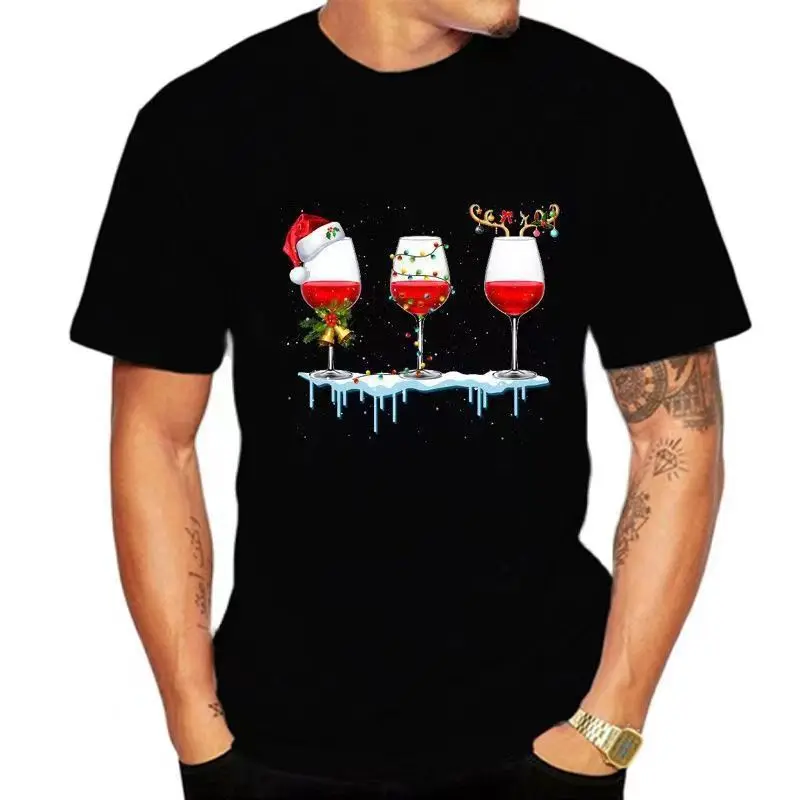 Funny Christmas Wine Glasses Print Men's T Shirt New Year Party X'mas Clothing Casual O-neck Short Sleeve Tops Fashion Loose Tee