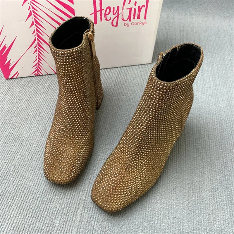 FHANCHU Sequince Cloth Winter Shoes.Anke Boots,Women High Heels Chelsea Booties,Side Zipper,Square Toe Botas,Brown,Dropship