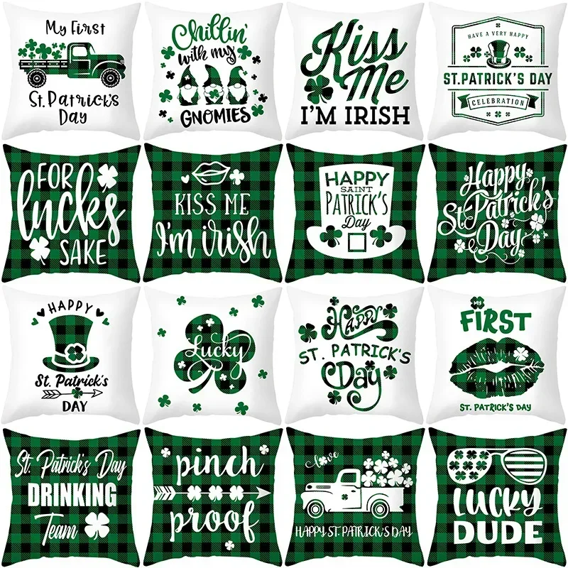 Ireland National Day Decor Green Hat Pillowcase St. Patrick's Day Decorative Cushion Cover Lattice Letter Sofa Throw Pillowcase