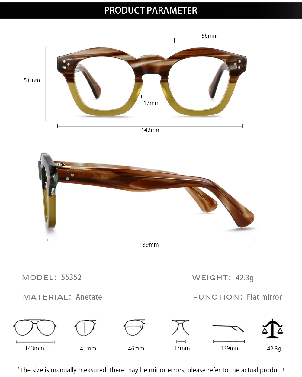 55352 Optische Brillengestelle für Herren und Damen, Vintage-Brille, Computer-Acetat-Brillengestell für Herren, klare Linse – Detail 6