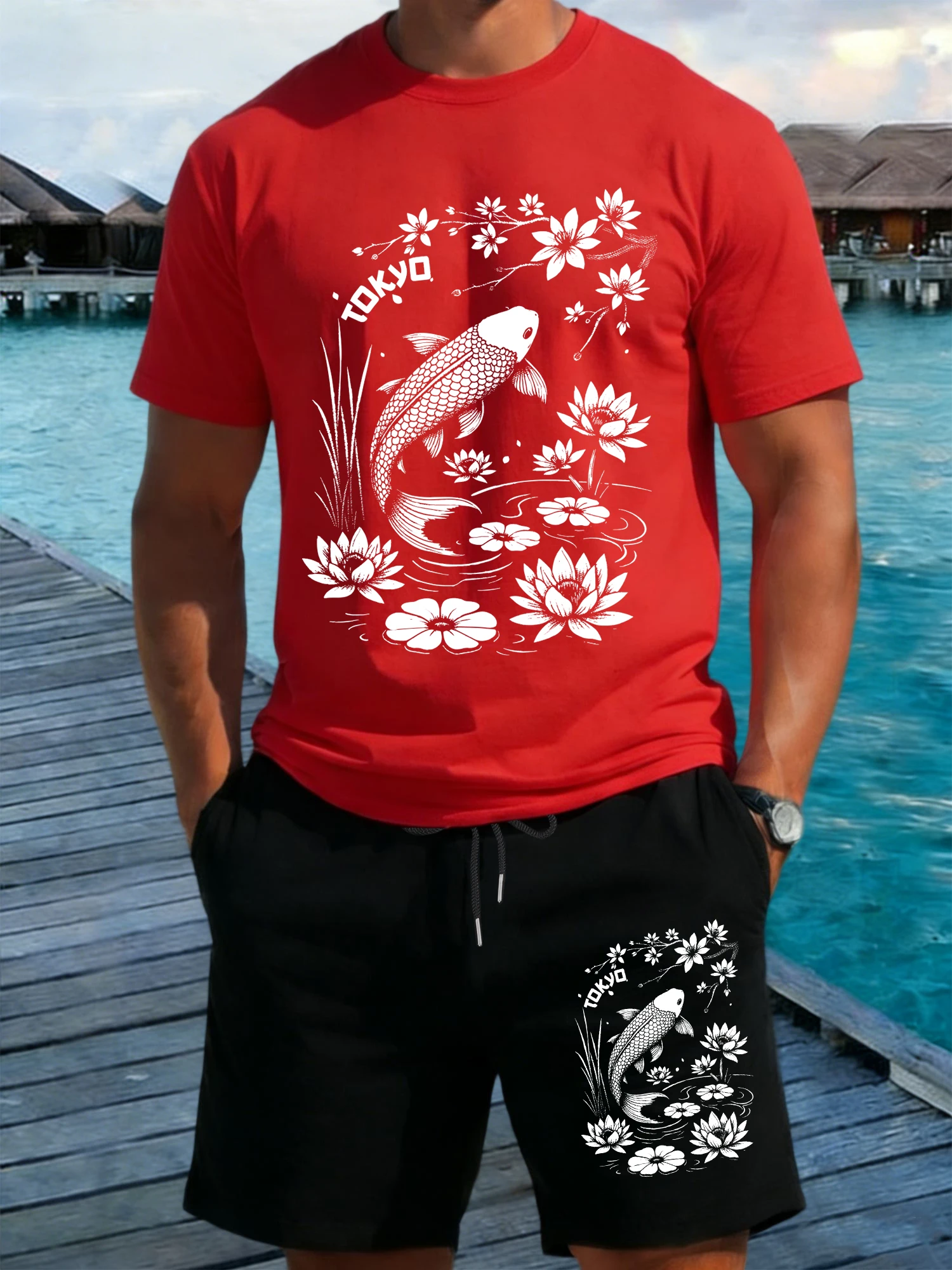 

Harajuku Tokyo Koi Print Men T Shirts Set Loose Crewneck Cotton T-Shirt Summer Breathable Pant Wide-Leg Drawstring Male Shorts