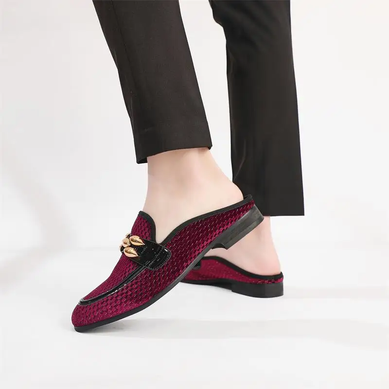 Men Summer Velvet Shoes Fashion Party and Banquet Male Dress Slippers Men\'s Slip-on Mule Sandals Loafer