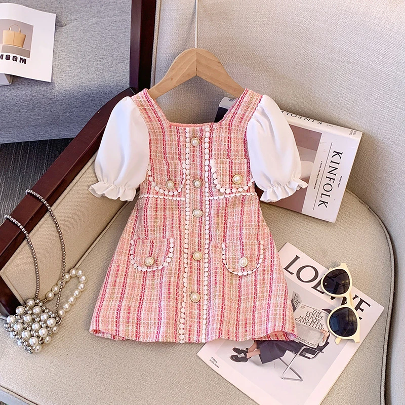 Summer Kids Girl Clothes Toddler Baby Girl Elegant Dress Puff Short Sleeve Pearls Button Party Dresses Outfit Sets For Children