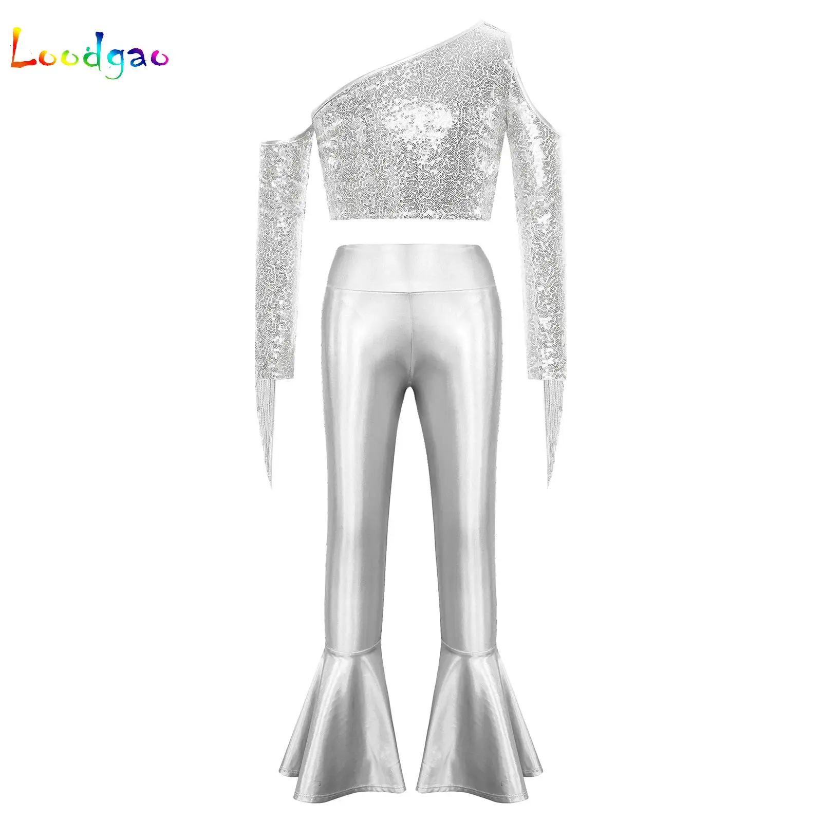 

Kids Fashion Clothes Set Girls Jazz Dance Performance Costume Metallic Shiny Modern Street Dancewear Sequin Crop Top Vest+Pants