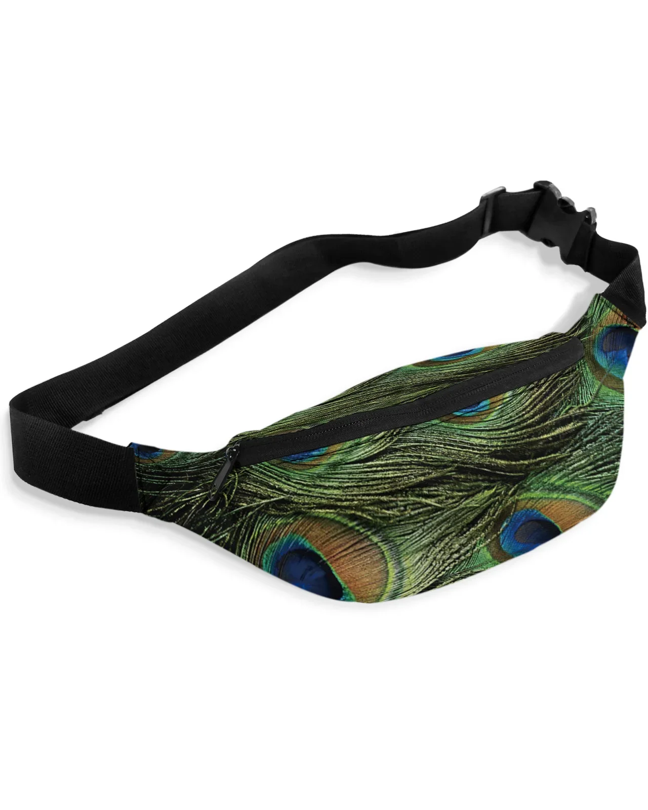 Green Animal Peacock Feather Men Women Waist Bag Fanny Pack Purse Large Phone Belt Bag Wallet Pouch Waterproof Banana Hip Bags