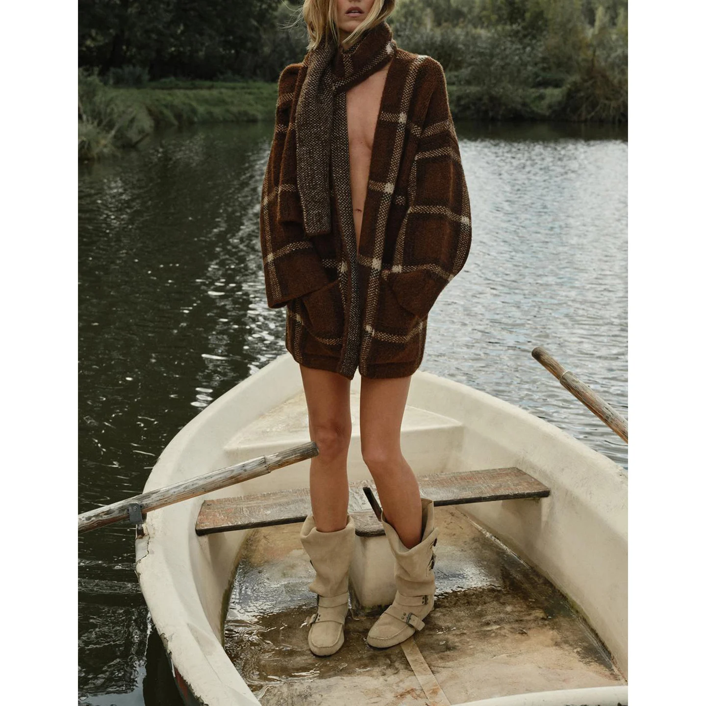 

Autumn Winter New Women's Briti Sle Long Sve Knitted Coat with Plaid Scarf ort Length Polyester Fiber 00%