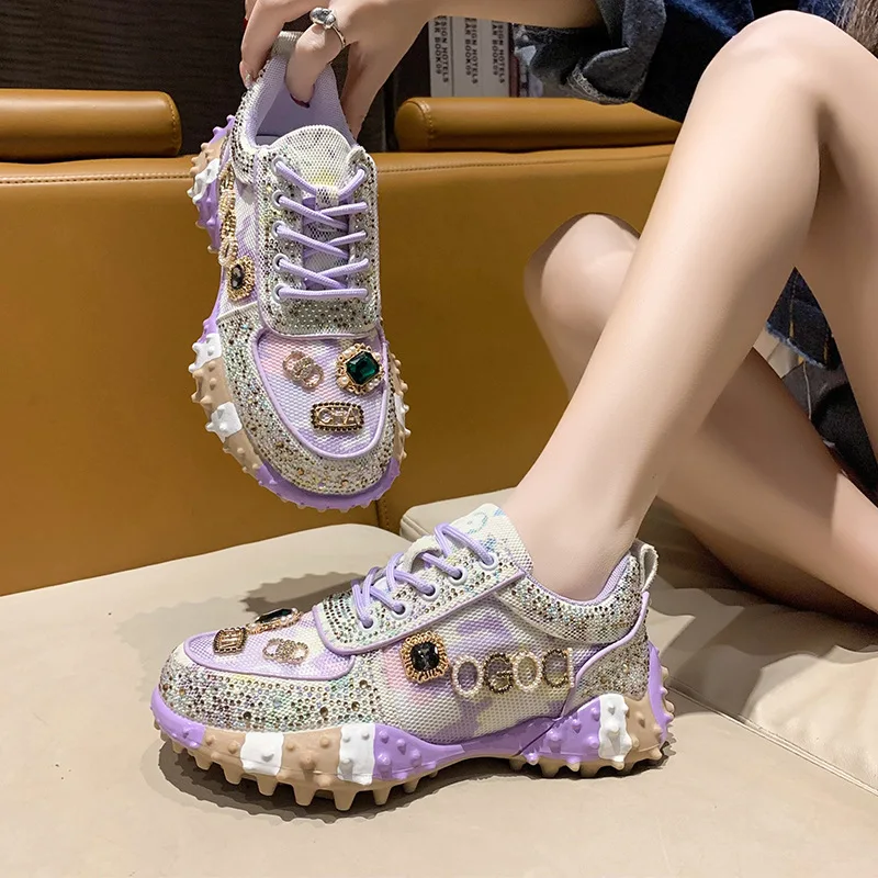 Zapatillas sepatu lari Platform luar ruangan wanita, sepatu Sneakers mewah berlian imitasi kasual jaring desainer untuk wanita