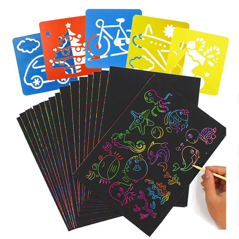 

10PCS Magic Color Rainbow Scratch Art Paper Card 32k with Hollow Template for School Art Supplies Painting Teaching Tools TMZ