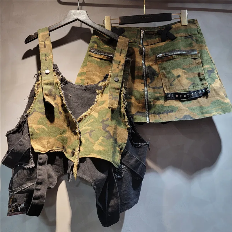 Chic Summer Camouflage Printed Denim Spliced Vest Sleeveless Jeans Jacket Cowboy Tank Tops + Short A-Line Camo Skirt 2Pcs Set