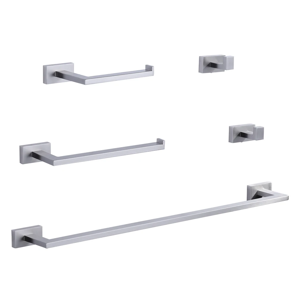 

Wall Mounted Screw-in Bathroom Accessories Set Stainless Steel Hook Hanger Nickel Towel Rack Paper Rack Five Piece Hardware
