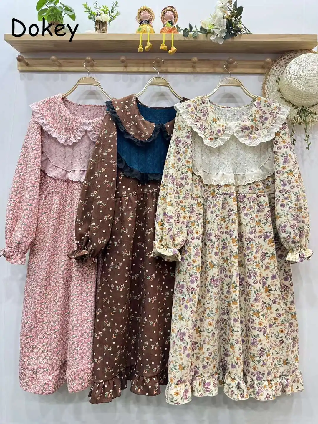 Vintage Doll Collar Knitted Patchwork Floral Dress Women Japan Mori Girl Lace Patchwork Cotton Linen Dress Loose Lolita Vestidos