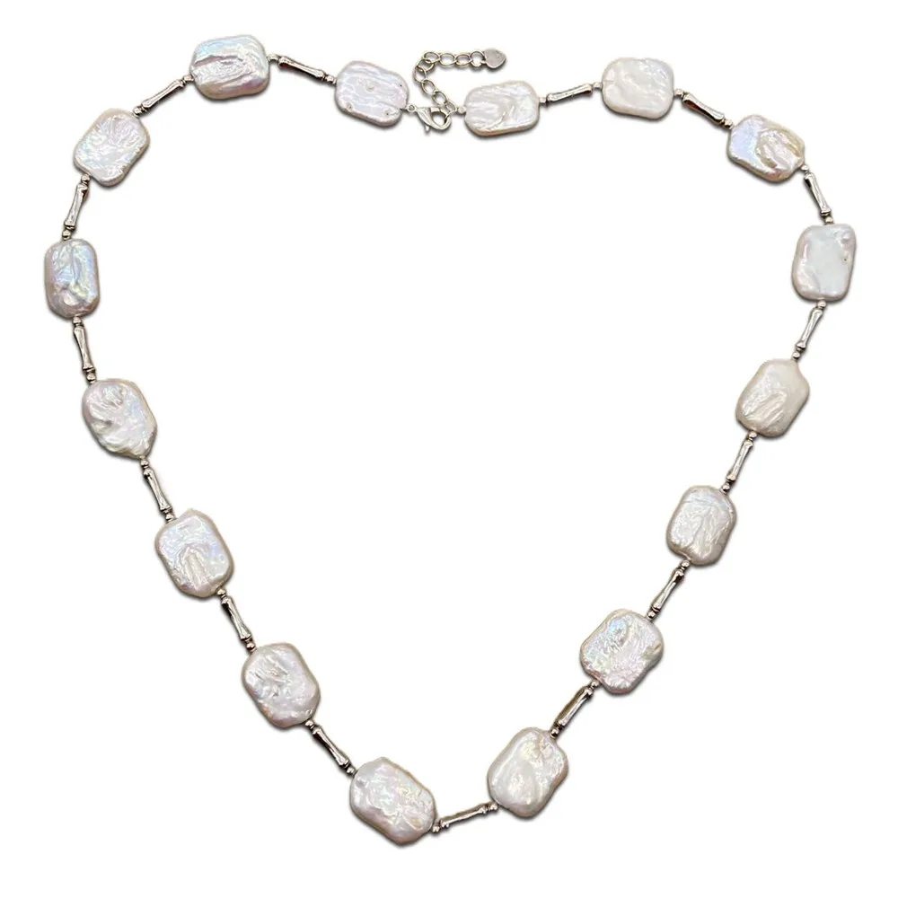60cm/23.62inch UNISEX  long pearl necklace or bracelet 19mm white flat rectangle shape baroque freshwater pearls