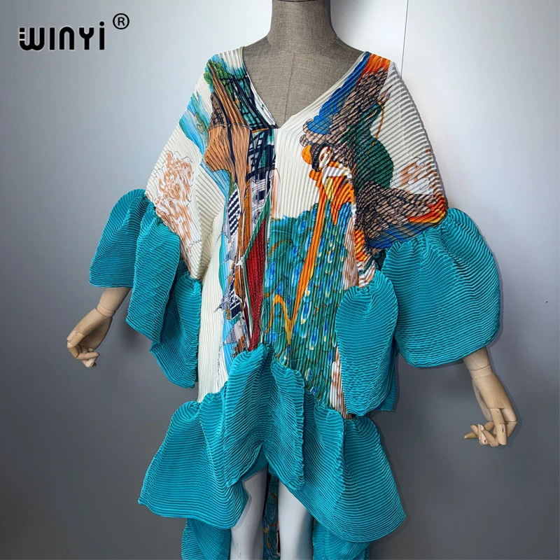 WINYI Middle East Boho Maxi Kaftan Dress Elegant Pleated Elastic Beach Cover up Luxury Party Evening Dubai Style Abaya