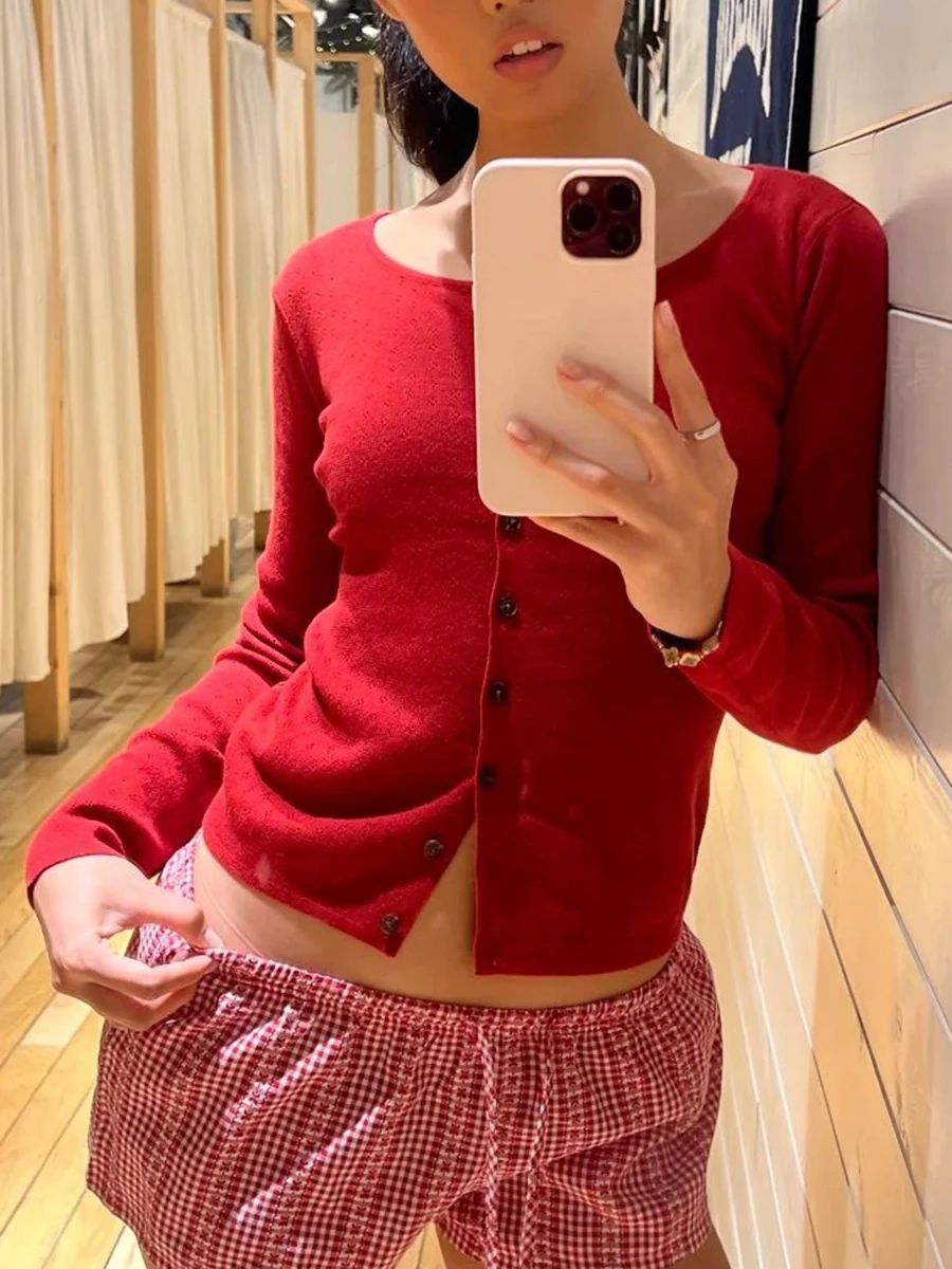 Eyelet Red Woman's Sweater Cardigan O-neck Single Breasted Slim Knitwear Female Casual Simple Solid All-match Cotton Crop Top