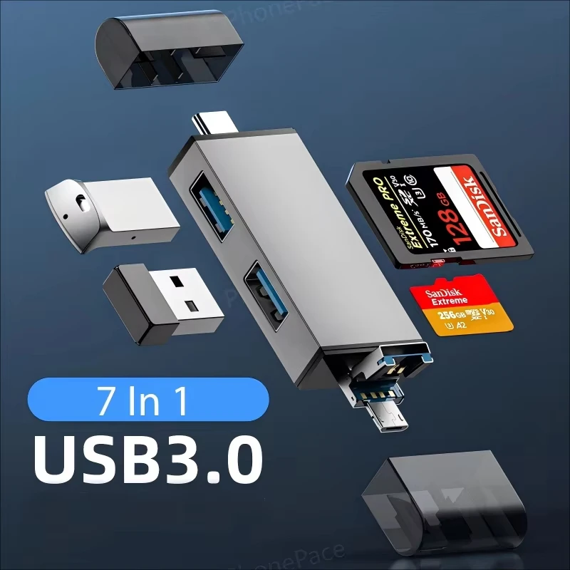 

Многофункциональный USB 3.0 кардридер 7 в 1 для карт Micro TF, SD, USB-флешек, адаптер Type-C, OTG