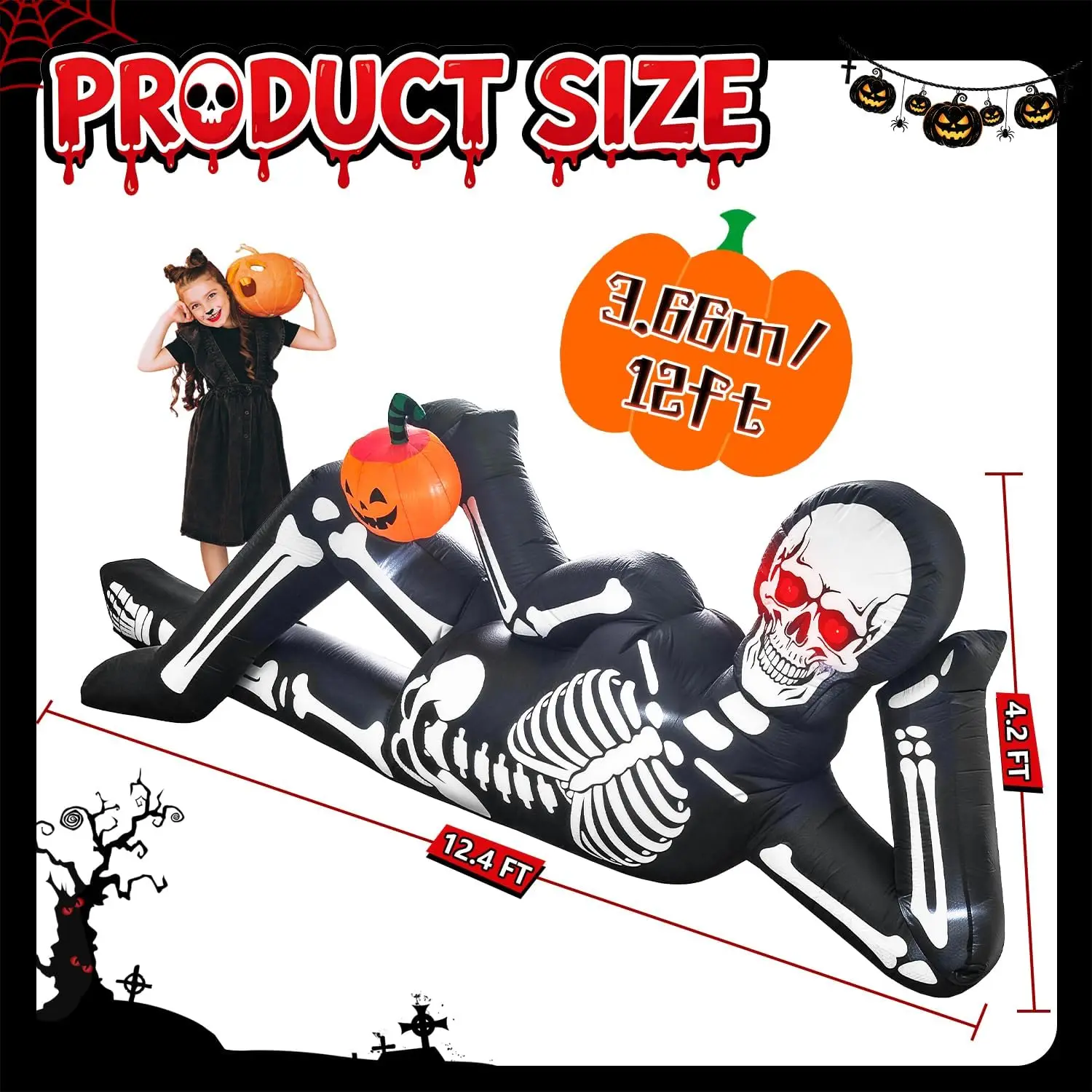 12FT Halloween Inflatable Lying Skeleton Decoration Holding Pumpkin Trunk | Giant Blow Up Reclining Skull with Glowing Red LED E