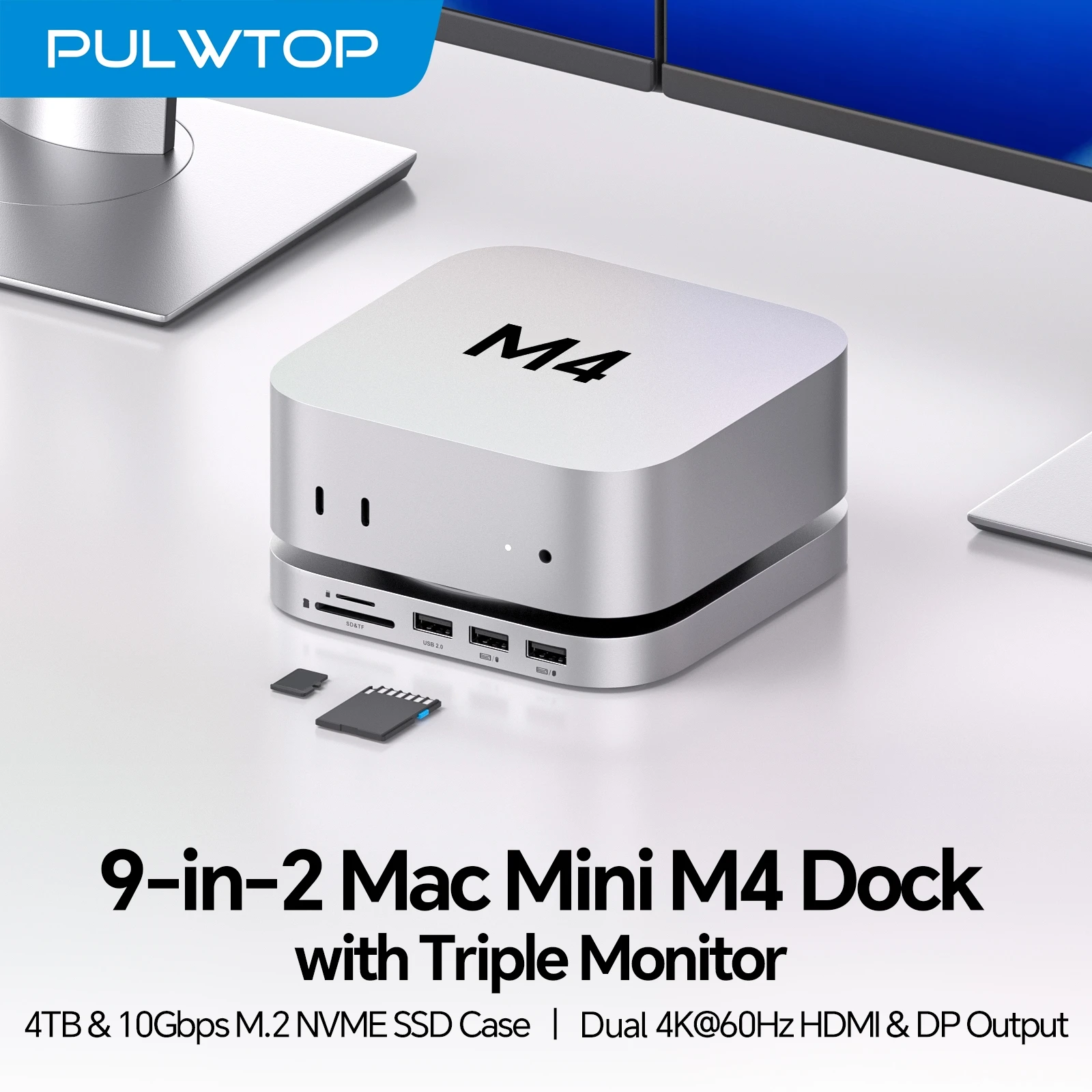 PULWTOP Mac Mini M4 Hub Stand with 4TB NVMe SSD Enclosure (SSD NOT Included), DP 4K 144Hz & HDMI 4K 60Hz, USB A 2.0,SD/TF ,Audio