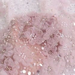Beautiful Fantasy Pink Purple Bead Embroidery Mesh Lace Fabric for Wedding Evening Dress Designer Customized Fabric