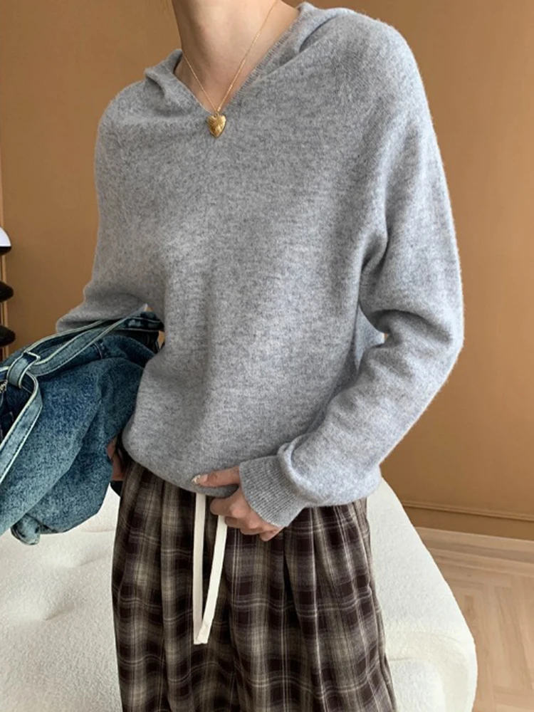 [LANMREM] Hooded Wool Knitting Pullover Sweater For Women Long Sleeve Fit Female Tops Fashion Solid 2024 Autumn New 26C460