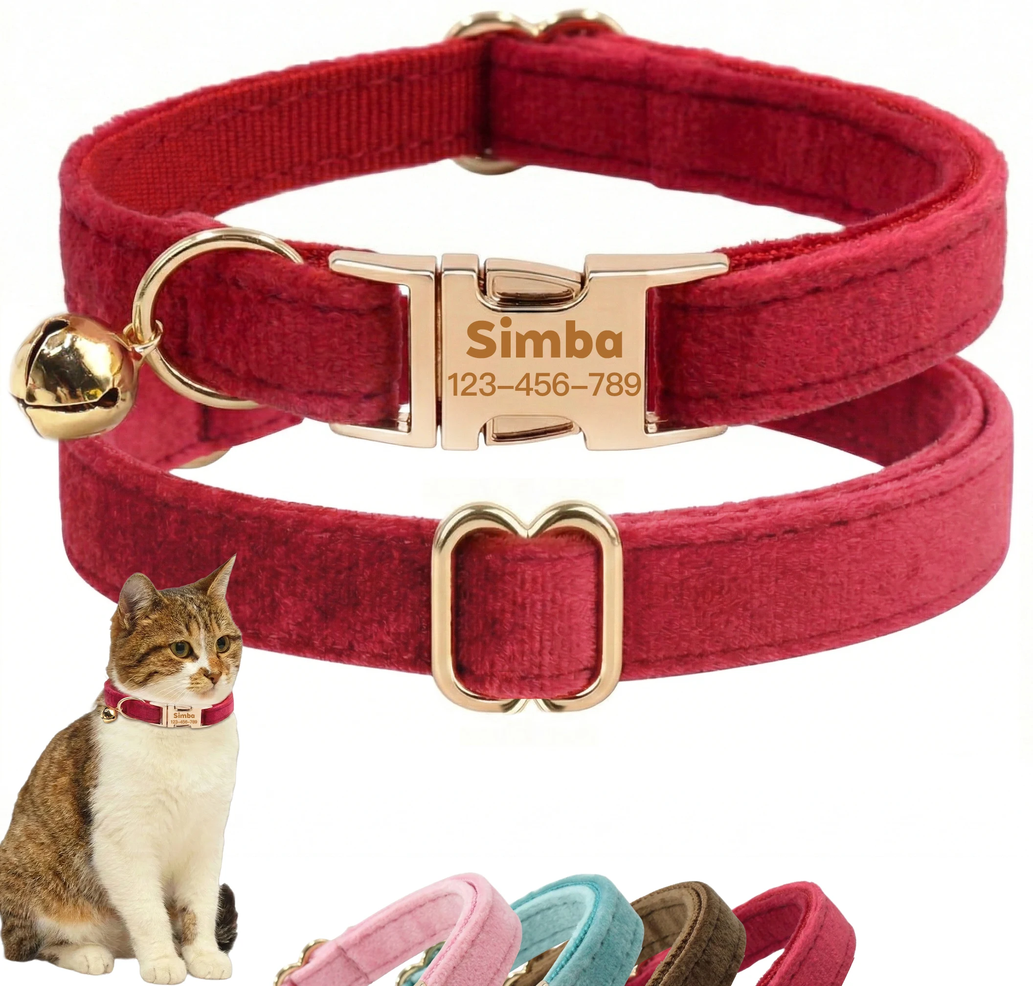 Coleira de Veludo Personalizada para Pets: Choker Macio com Nome e Número de Telefone Grátis, Ajustável para Gatos e Cães Pequenos