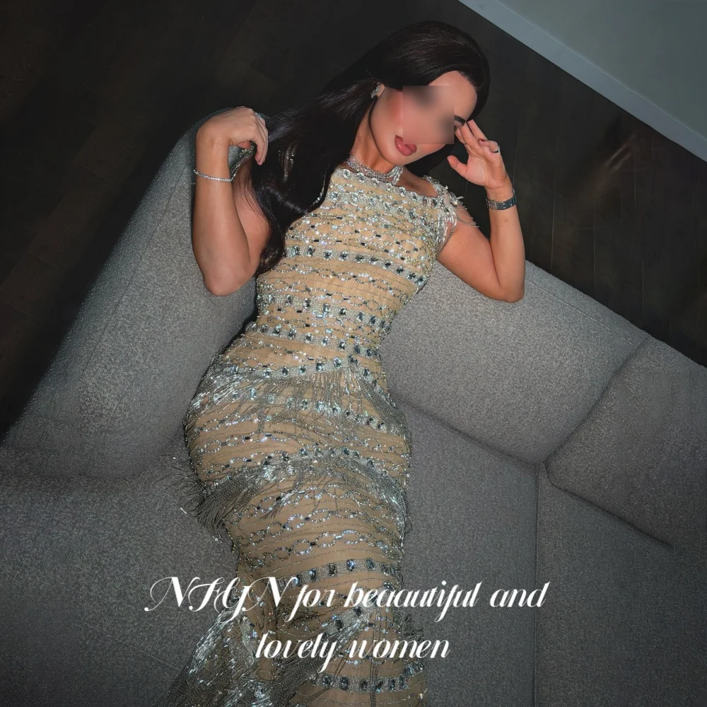 NFYN Luxury Champagne Square Neck Evening Dress Heavy Beaded Fringe Prom Gown Tasse Slim Mermaid Train Party Dress Customized