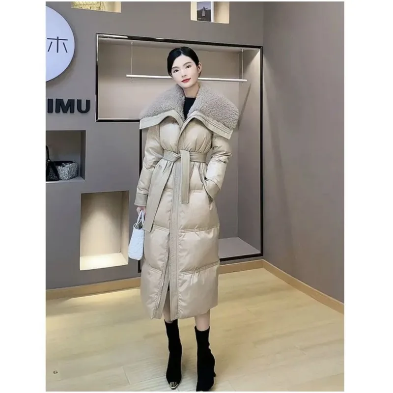 大きな襟のウエストダウンジャケット レディース 冬新作 韓国風 厚手 ゆったり ロング丈 膝丈 ホワイトダックダウンジャケット 上品 通勤