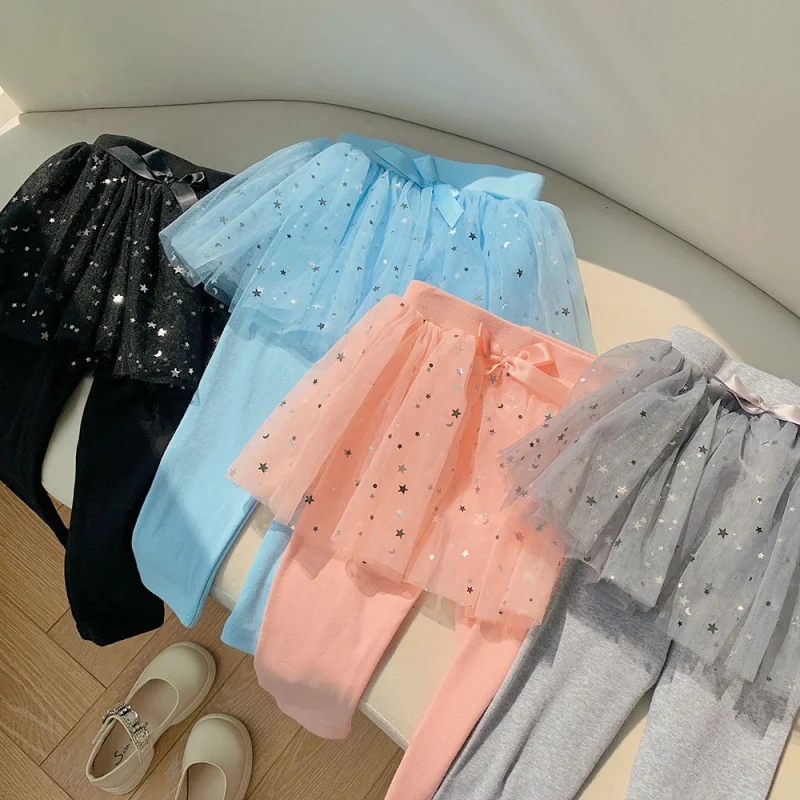 Girls' Bottoming Skort Spring and Autumn Outer Wear Pants2024New Fake Two Pieces Children Princess Star Mesh