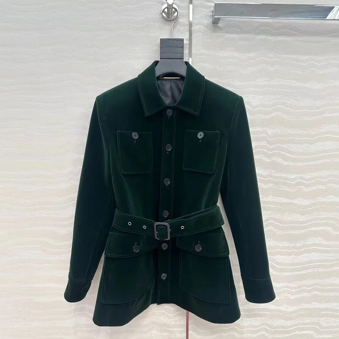 New Autumn Vintage Elegant Dark Green Velvet Jacket Women Lapel Long Sleeve Pocekts Singlr Breasted with Belt Chic Long Coat