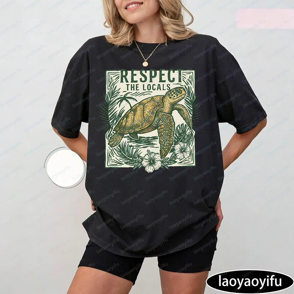 

Respect The Locals Save The Turtles Turtle Shirt Protect The Ocean Oversized Beach Aesthetic Womens Casual Summer Cotton Tee