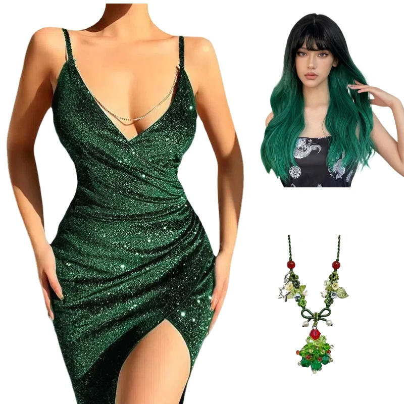 

Рождественское сексуальное платье на подтяжках со вспышкой, танцевальные платья, зеленый парик, ожерелье, аксессуары, полный комплект, женская рождественская вечеринка