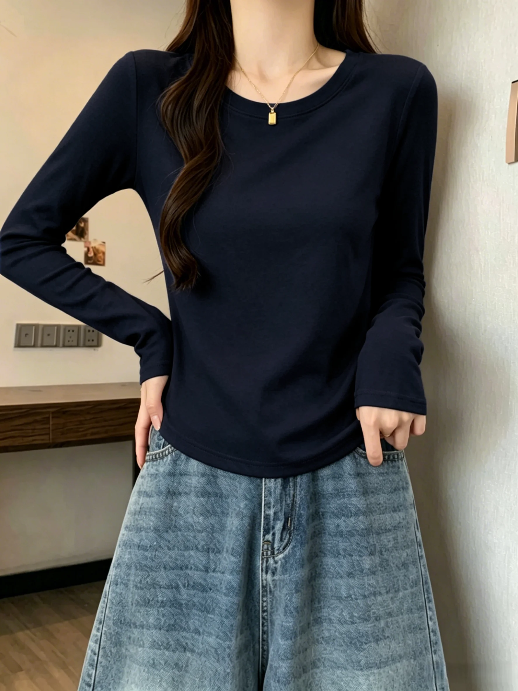 95% Cotton Long Sleeve Women's Base Shirt Low Collar round Neck T-Shirt Slim Fit U-Neck Spring Autumn plus Size Underwear