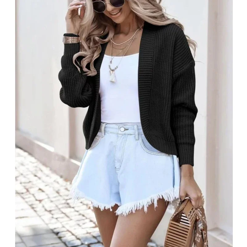 Open Front Crop Cardigan Long Sleeve Drop Shoulder Knitted Sweater Jacket Women Teen-girl Spring Fall Basic Outfit