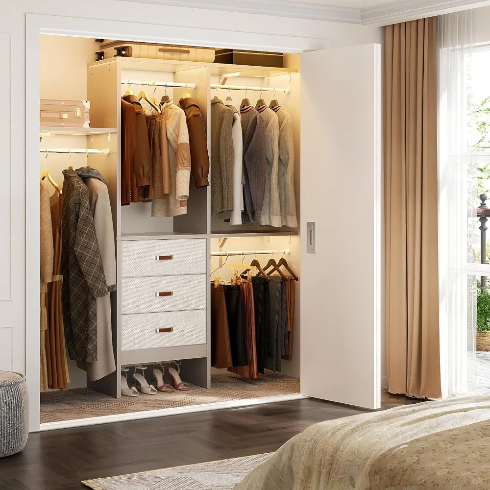 60 Inch Walk-In Closet Organizer System with 3 Adjustable Shelves and 3 Fabric Drawers for Small Spaces